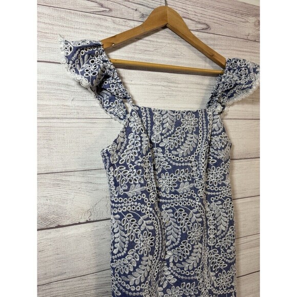 Alice + Olivia 'Honor' Embroidered-Eyelet Cotton Mini-Dress, Chambray  SIZE 4 - Picture 3 of 10